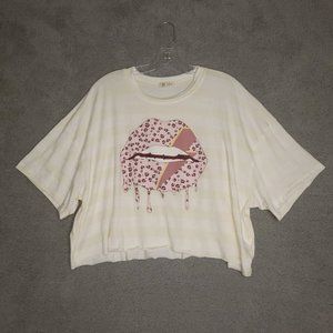 Wst‎ Cst Womens Crop Top White Yellow Stripe Short Sleeve Stretch Pullover S New